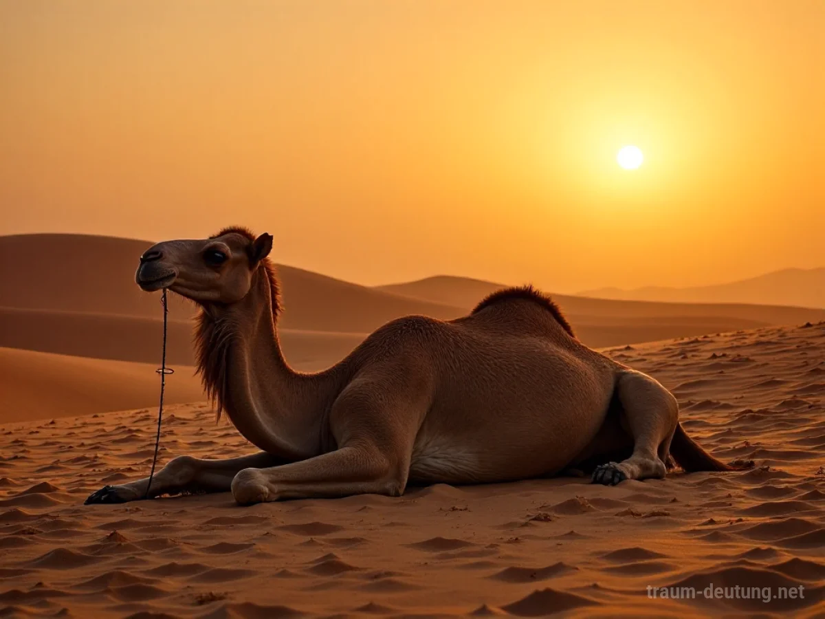 Ein totes Kamel in einer weiten Wüstenlandschaft bei Sonnenuntergang.