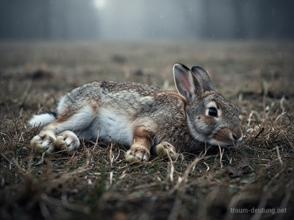 Ein totes Kaninchen liegt still im Gras.