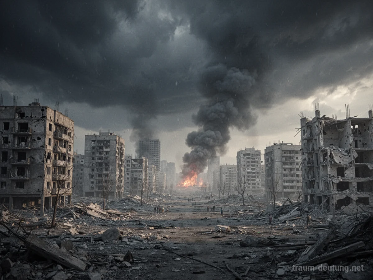 Trümmer einer Stadt nach einem Bombenangriff unter bedrohlichem Himmel.
