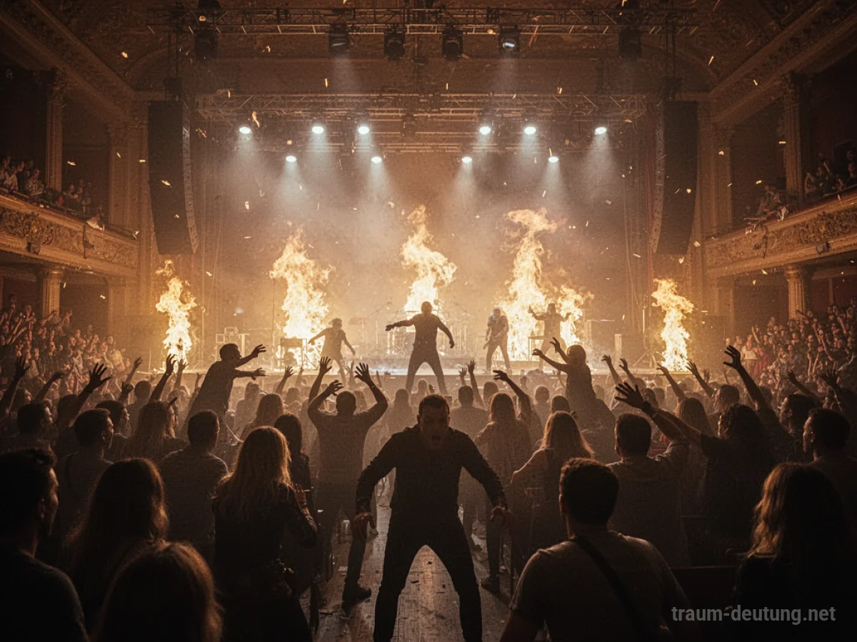 Menschenmenge bei einem Konzert, aus dem Feuer aufsteigt.