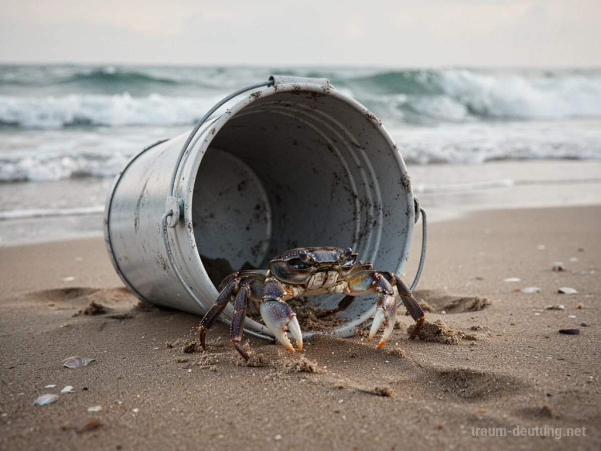 Eine einzelne Krabbe entkommt aus einem umgekippten Eimer am Strand.