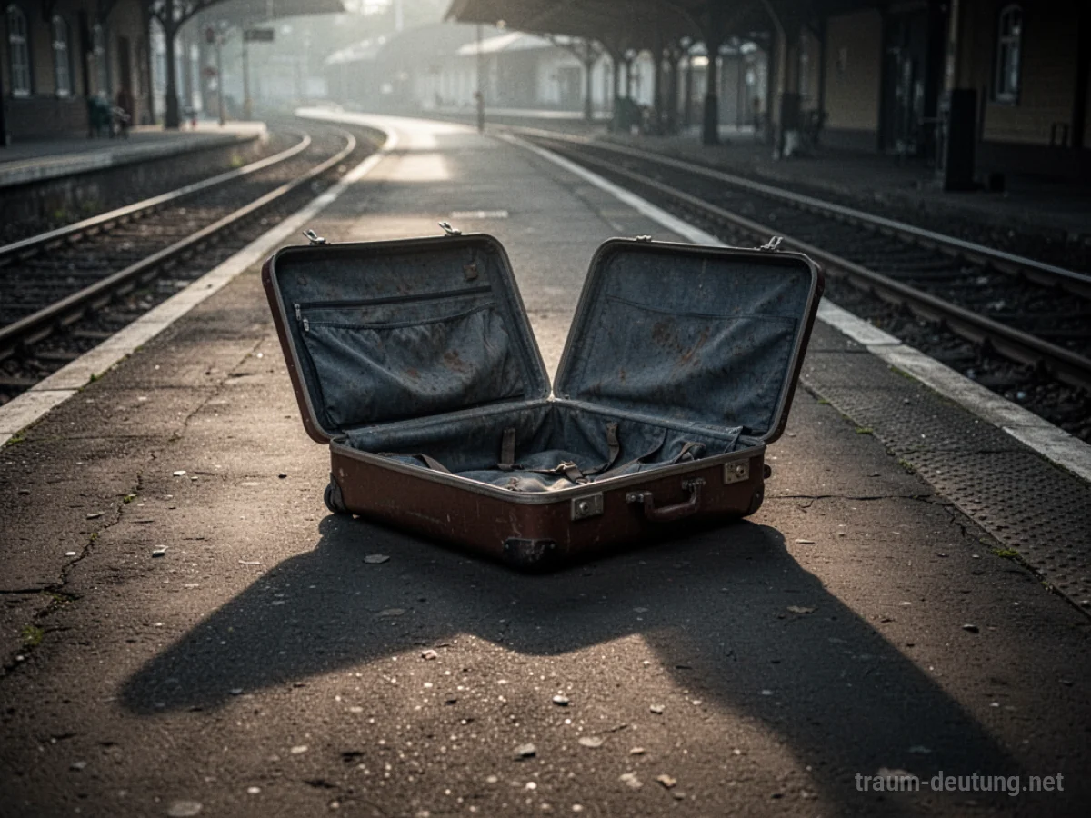 Ein offener, leerer Koffer auf einem Bahnsteig im Zwielicht.
