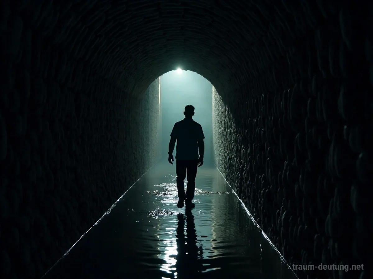 Person geht durch einen dunklen, steinernen Kanal auf ein Licht zu