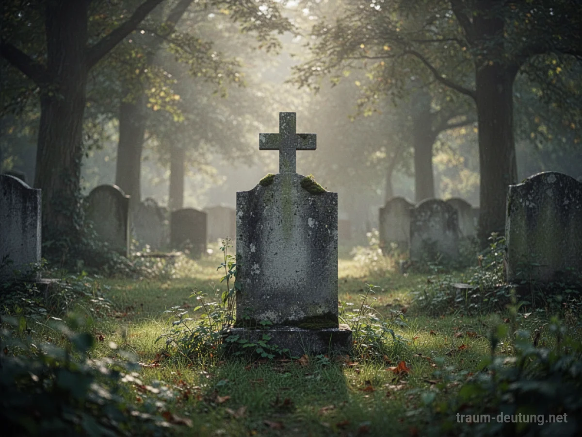 Ein einzelnes, verwittertes Grabkreuz mit einem einfachen Kreuz steht auf einem stillen Friedhof.