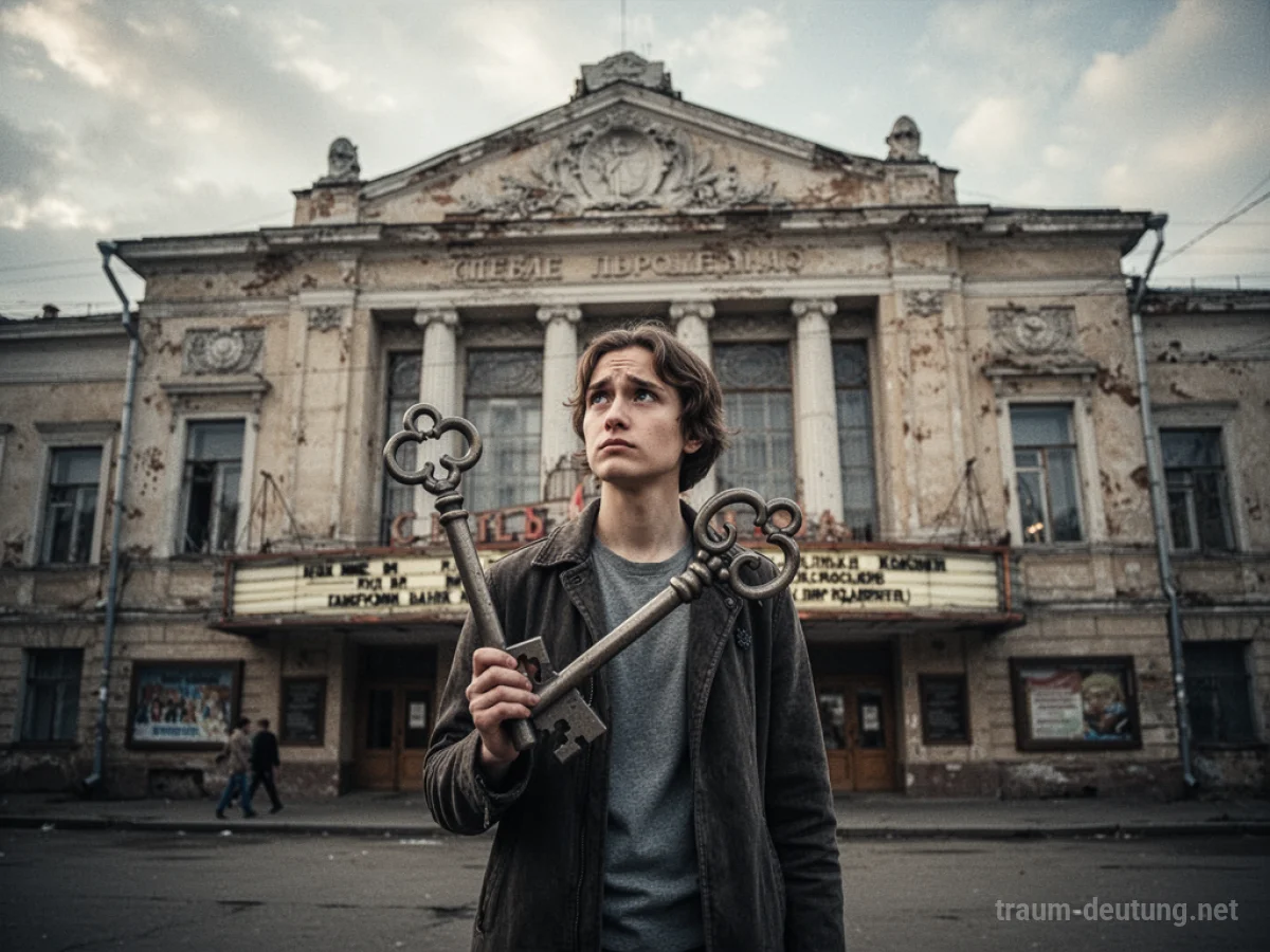Person mit Schlüssel vor einem großen Kino stehend