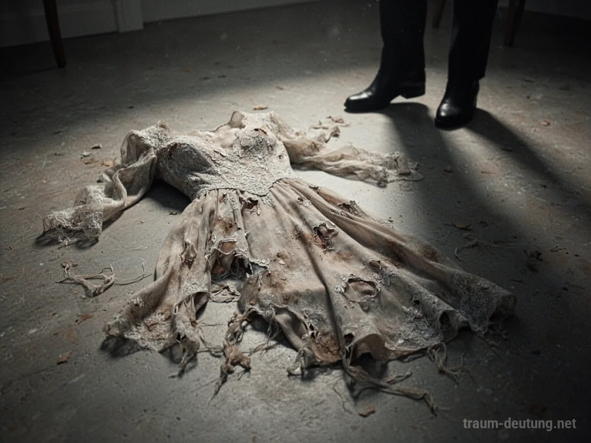 Zerrissenes Kleid auf dem Boden, Symbol für beschädigte Pläne oder Gefühle.