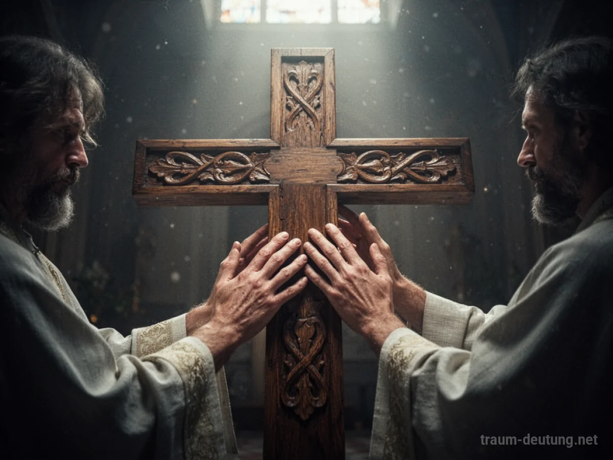 Hände berühren sanft ein großes Holzkreuz in gedämpftem Licht.