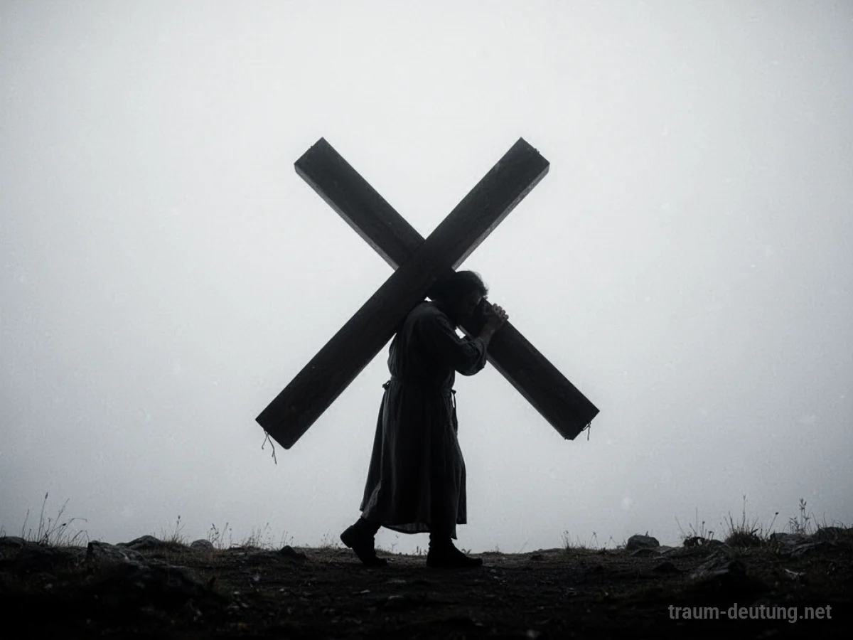 Silhouette einer Person, die ein schweres Kreuz trägt