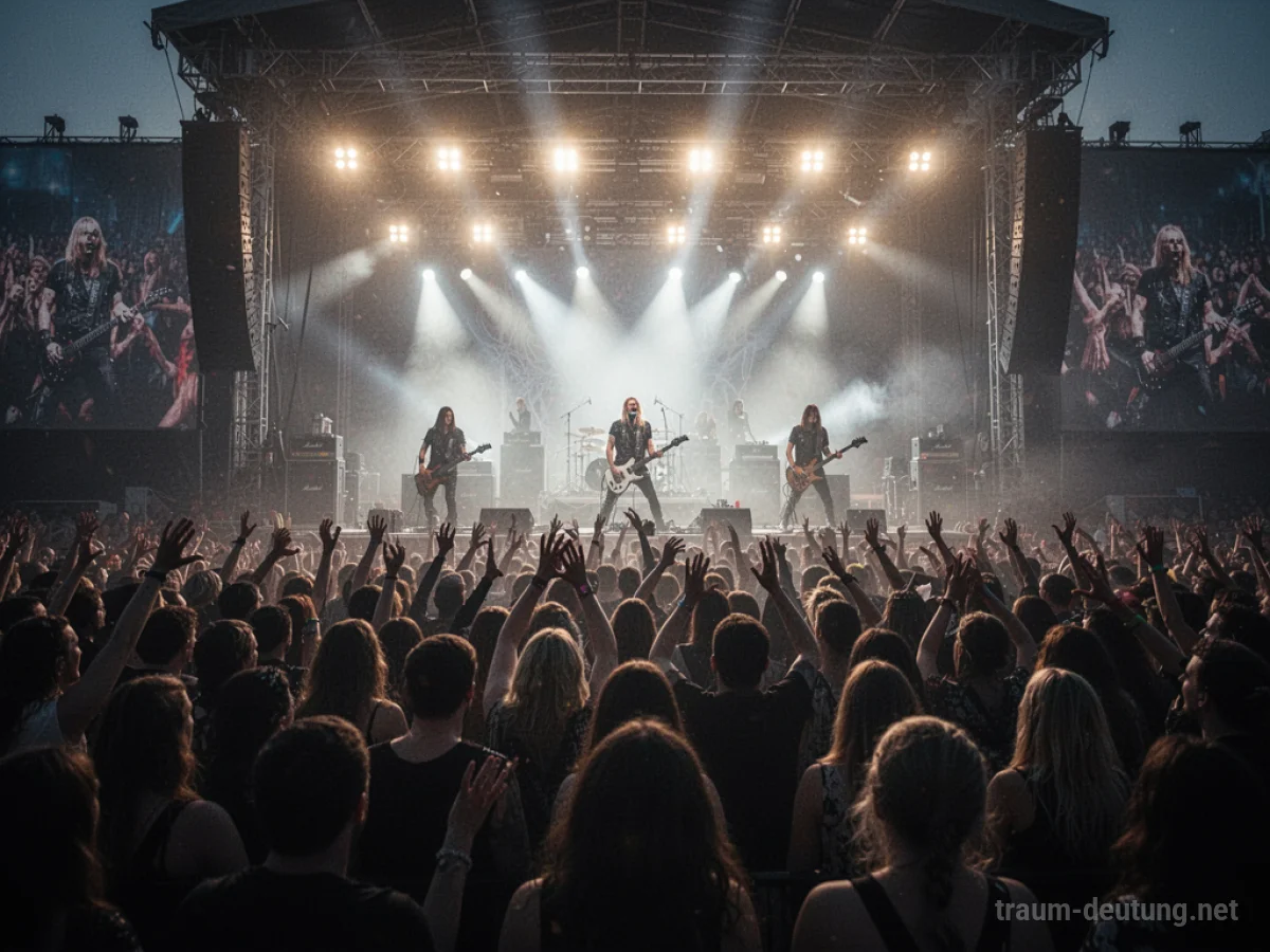 Eine jubelnde Menschenmenge bei einem Rockkonzert, beleuchtet von der Bühnenbeleuchtung.