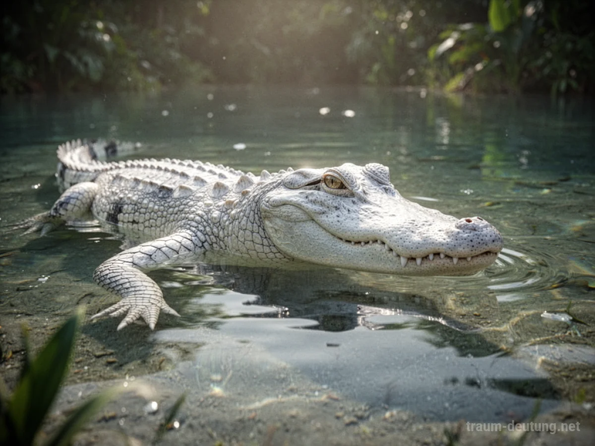Ein weißes Krokodil ruht friedlich im klaren Wasser, umgeben von üppiger Vegetation.