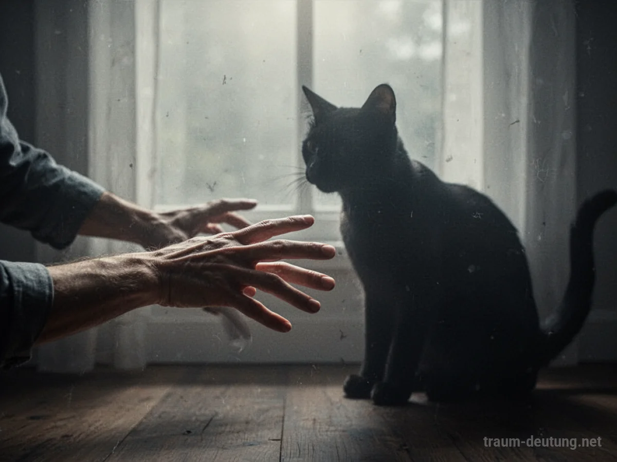 Schattenhafte Katze im Fokus, eine Hand nähert sich vorsichtig.