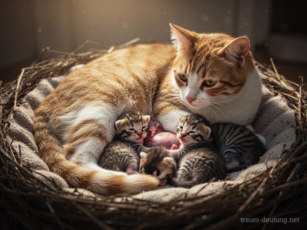 Mutterkatze bringt Kätzchen zur Welt in gemütlicher Umgebung