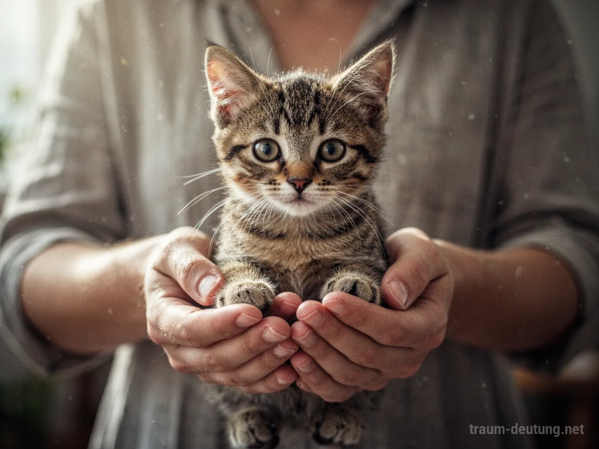 Hände halten eine kleine Katze im Traum