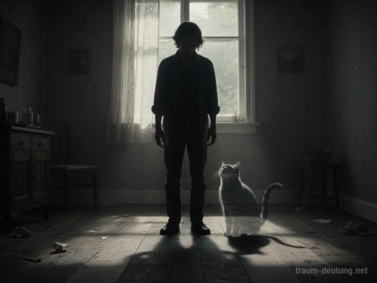 Silhouetten einer Person über einer schemenhaften Katze in einem dunklen Raum