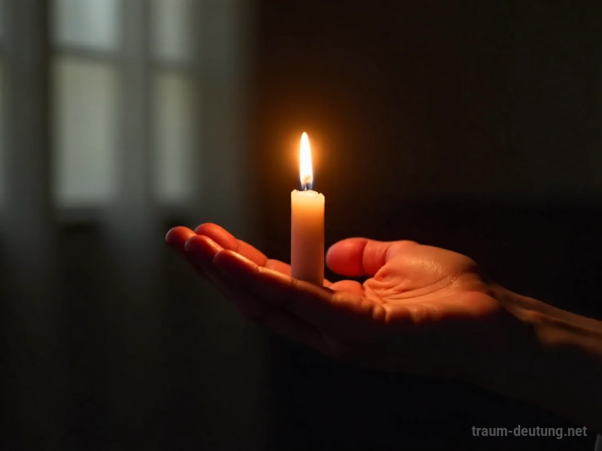 Eine Hand hält eine Kerze mit sanft flackernder Flamme in einem dunklen Raum.