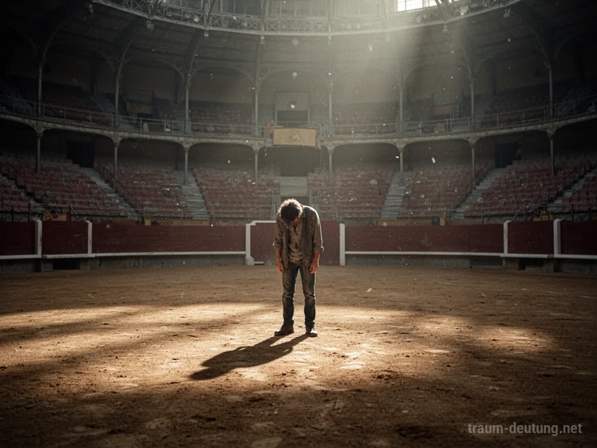 Eine einzelne Figur steht besiegt in einer leeren Arena, lange Schatten ziehen sich.