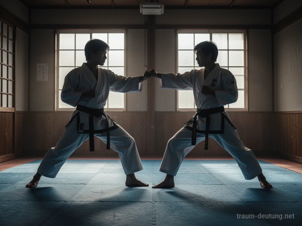 Zwei Silhouetten von Karatekämpfern in Kampfsituation in einem Dojo.