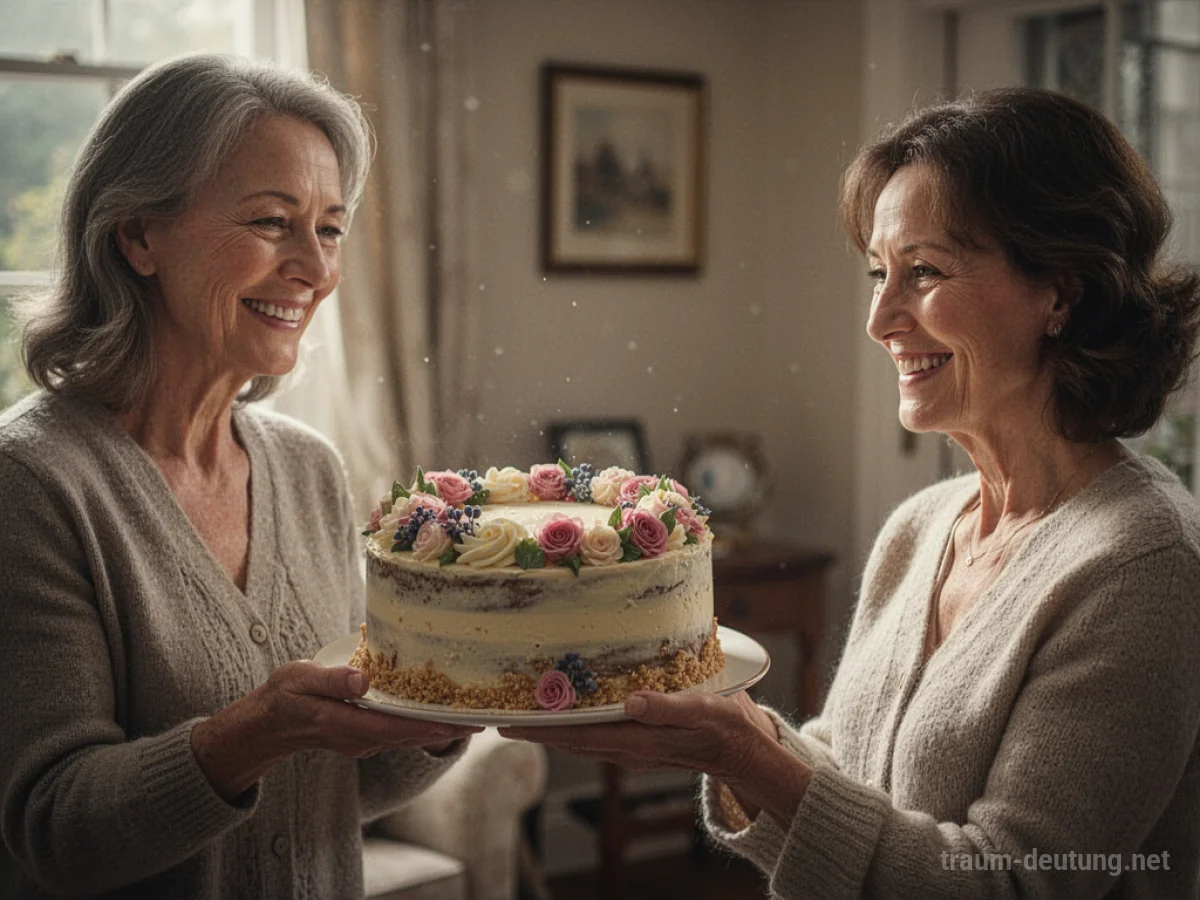 Jemand erhält einen kunstvoll verzierten Kuchen als Geschenk.