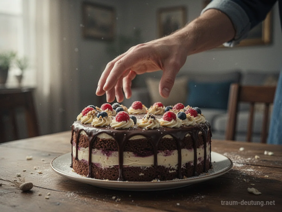 Hand stiehlt Kuchen vom Tisch