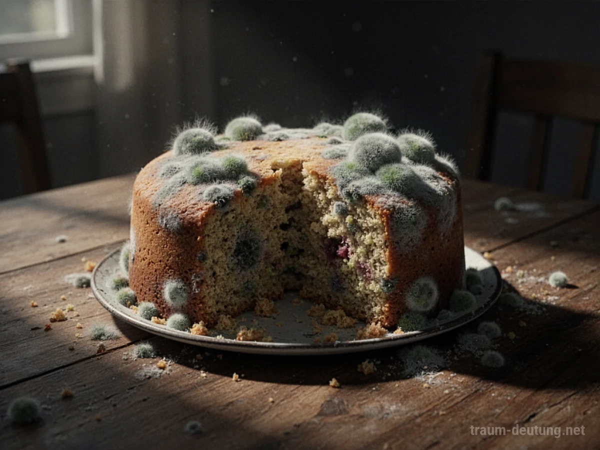 Verdorbener Kuchen mit Schimmel auf einem Tisch