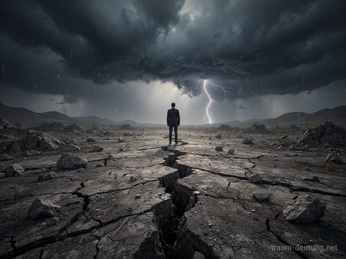 Ein Mensch steht allein in einer zerklüfteten Landschaft nach einem Erdbeben unter einem stürmischen Himmel.
