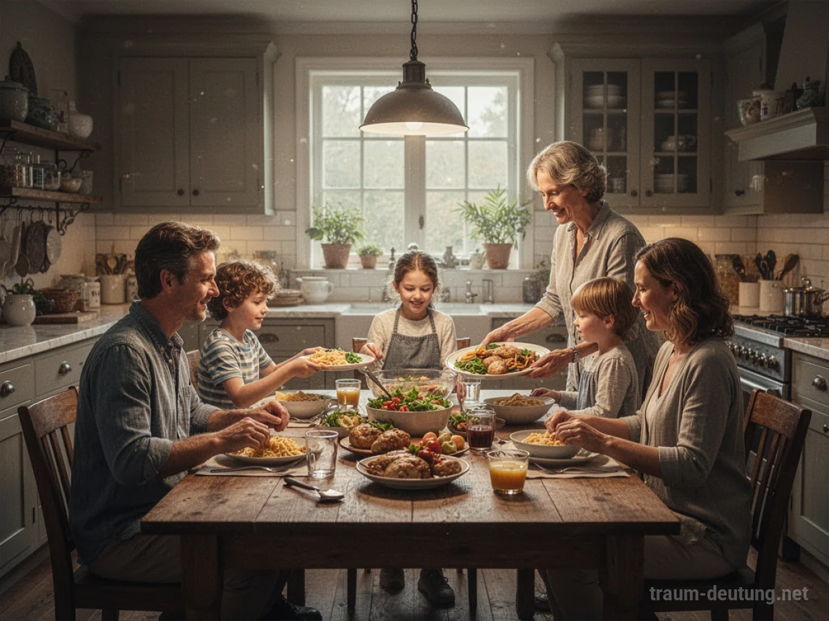 Familie sitzt gemeinsam am Esstisch, während Essen serviert wird.