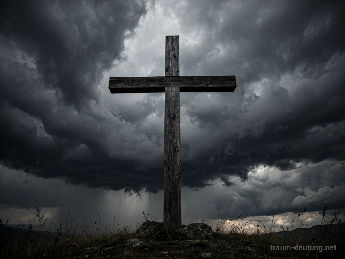 Ein einzelnes Holzkreuz ragt vor einem dramatischen, stürmischen Himmel auf.