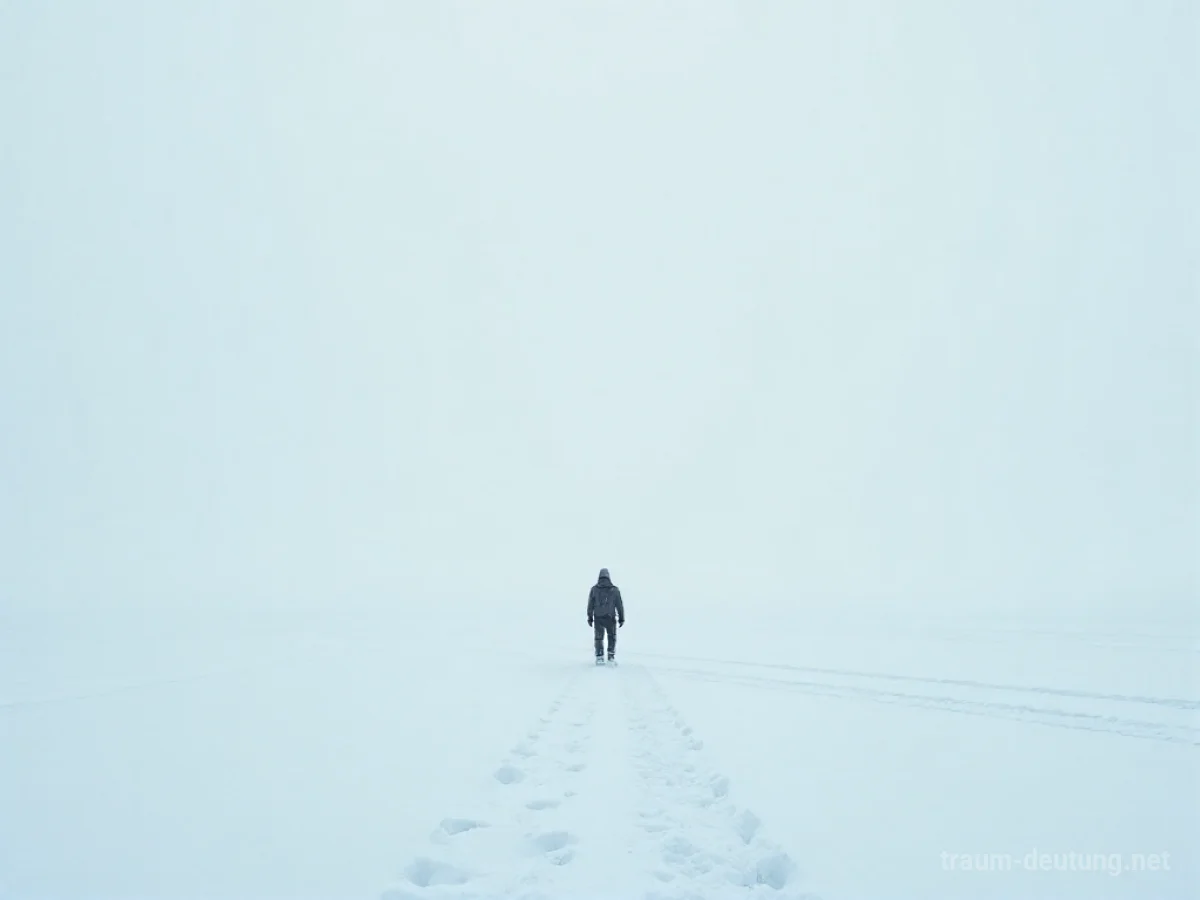 Silhouette einer Person in einer endlosen Schneelandschaft unter einem grauen Himmel