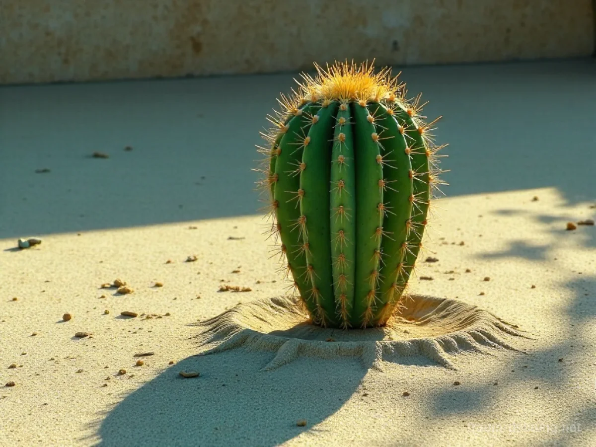 Symbolischer Kaktus mit spitzen Nadeln, der eine lange Schatten wirft.