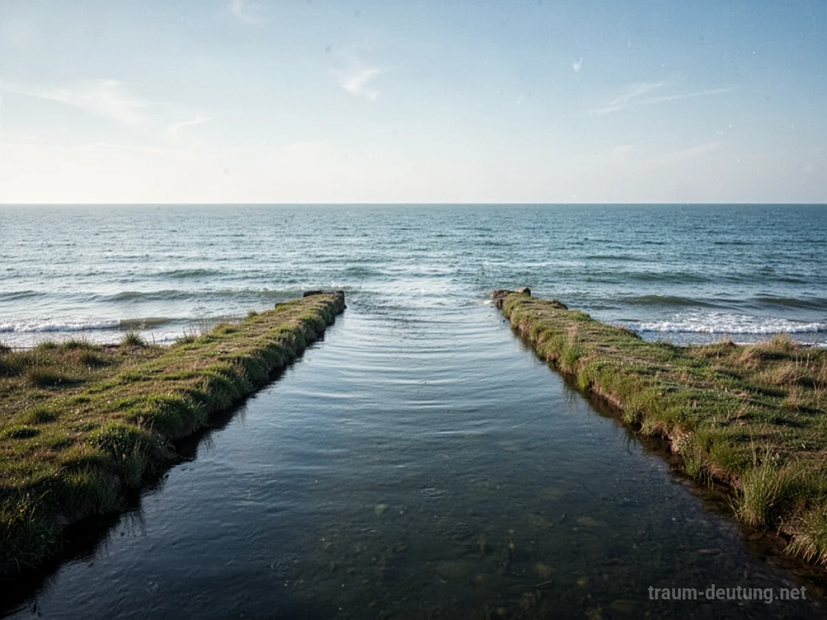 Ein Kanal fließt ruhig in ein weites, offenes Meer unter klarem Himmel.