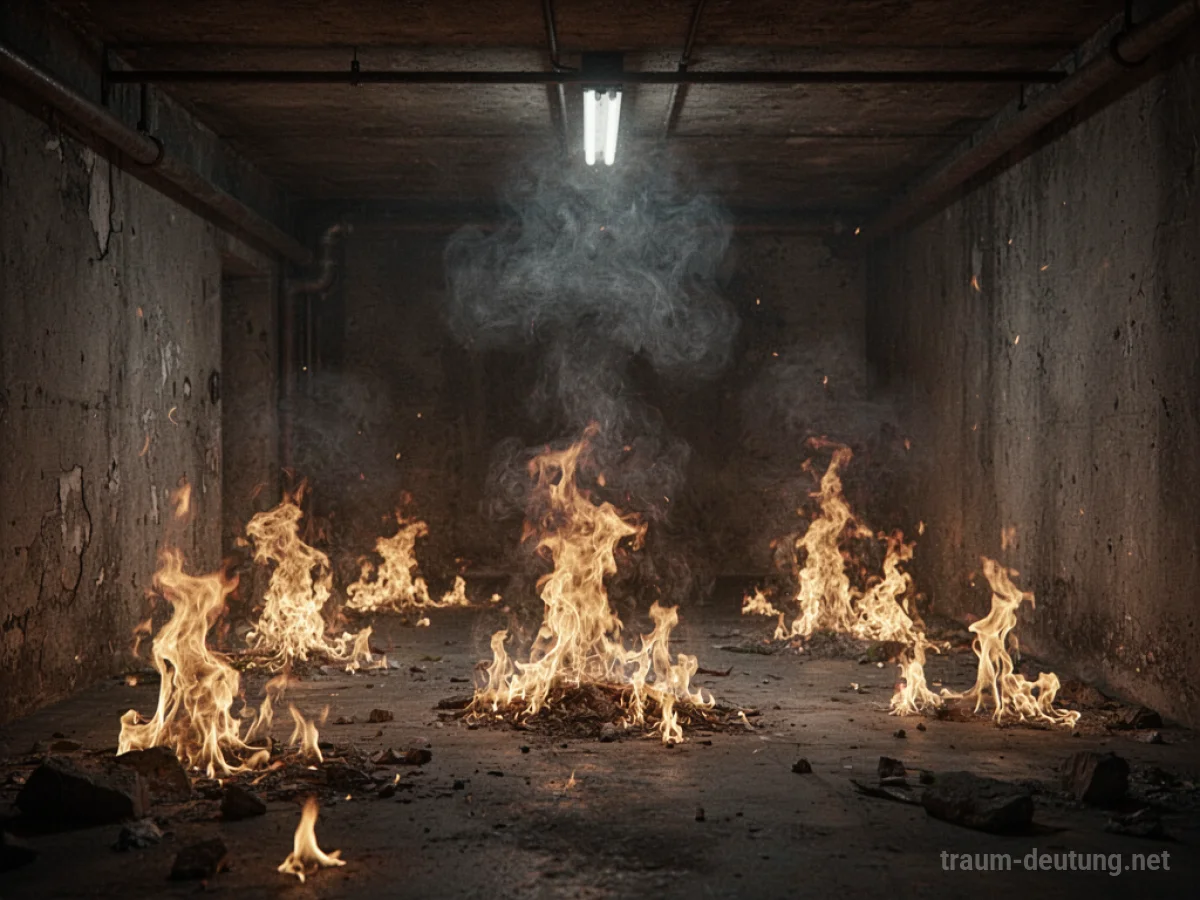 Brennender Keller mit aufsteigenden Flammen und Rauch