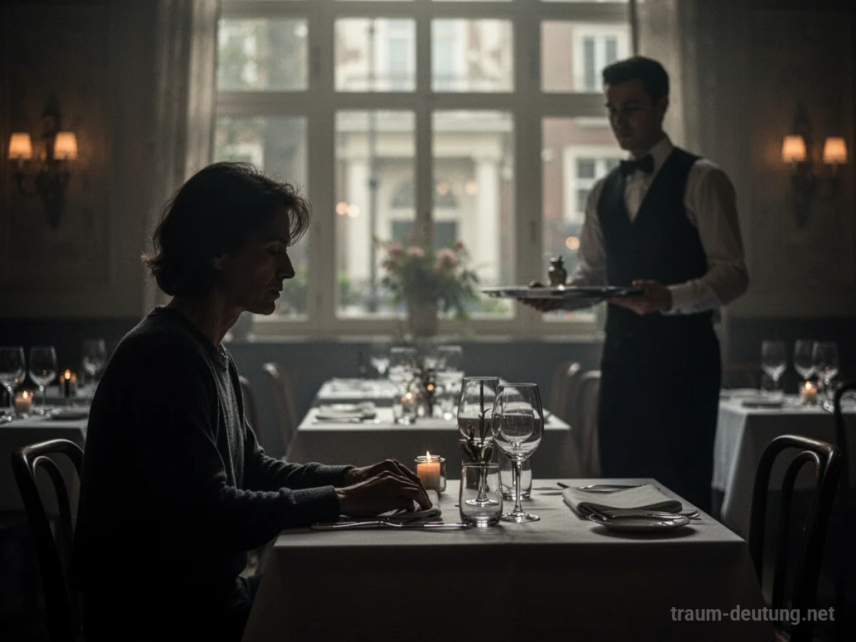 Kellner mit einem Tablett nähert sich einer Person an einem Tisch in einem Restaurant.