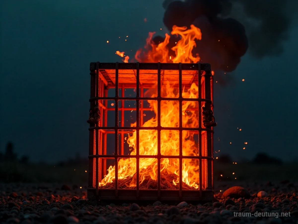 Ein brennender Metallkäfig im Dunkeln, Flammen leuchten.