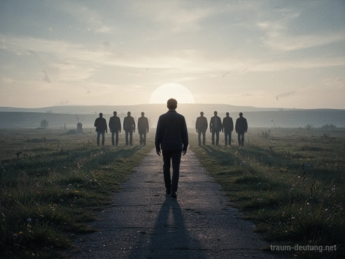 Eine Person entfernt sich von einer Gruppe auf einem Weg zum Horizont.