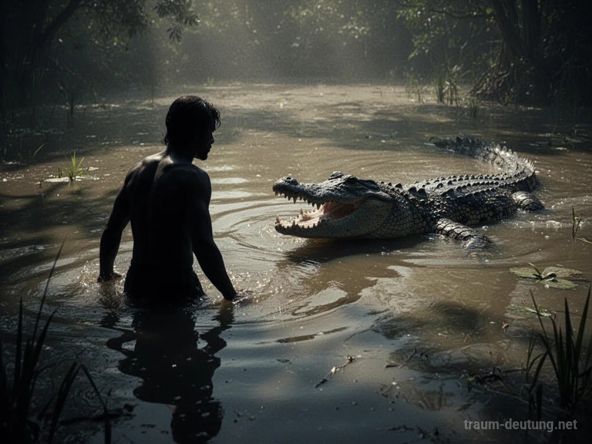 Silhouette einer Person, der ein Krokodil im Wasser bedrohlich nahekommt.