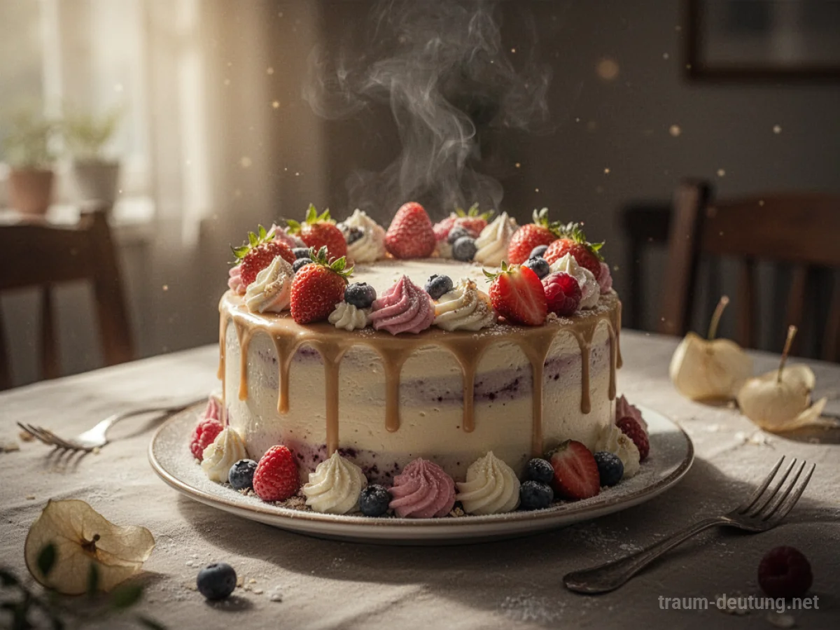 Ein gut duftender Kuchen steht auf einem Tisch, beleuchtet von warmem Licht.