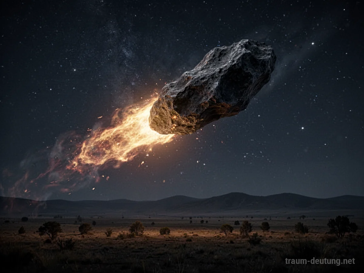 Ein großer Meteorit mit leuchtendem Schweif rast auf eine dunkle Silhouette einer Landschaft zu.