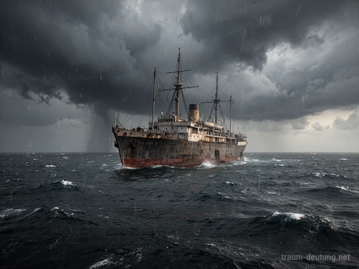 Ein sinkendes Schiff im stürmischen Meer, aufgenommen aus der Ferne.