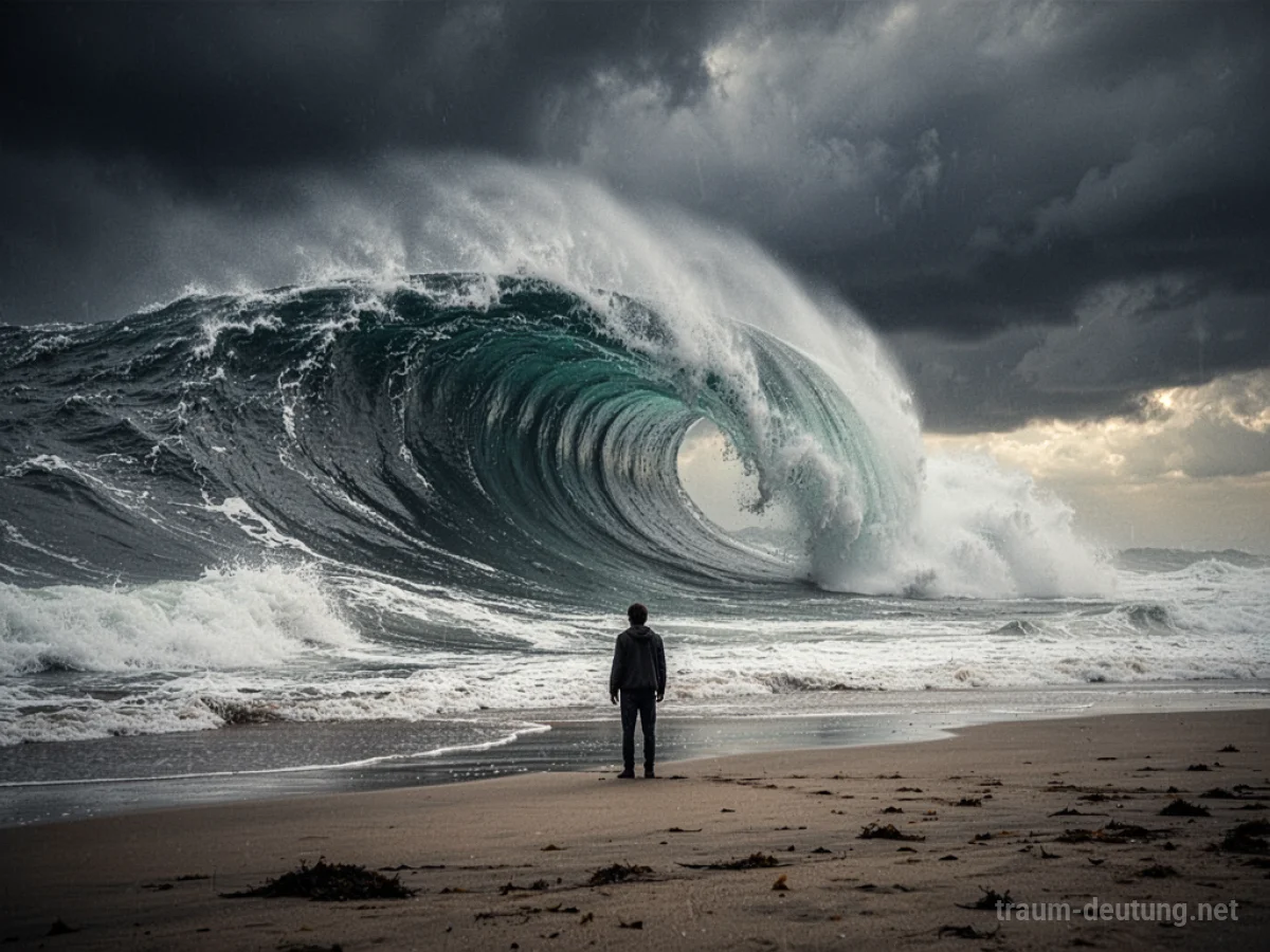 Ein riesiger Tsunami nähert sich einer einsamen Figur am Strand.