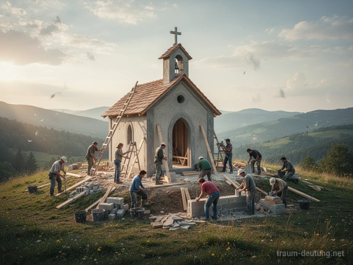 Menschen bauen gemeinsam eine Kirche auf einem Hügel im Sonnenschein.