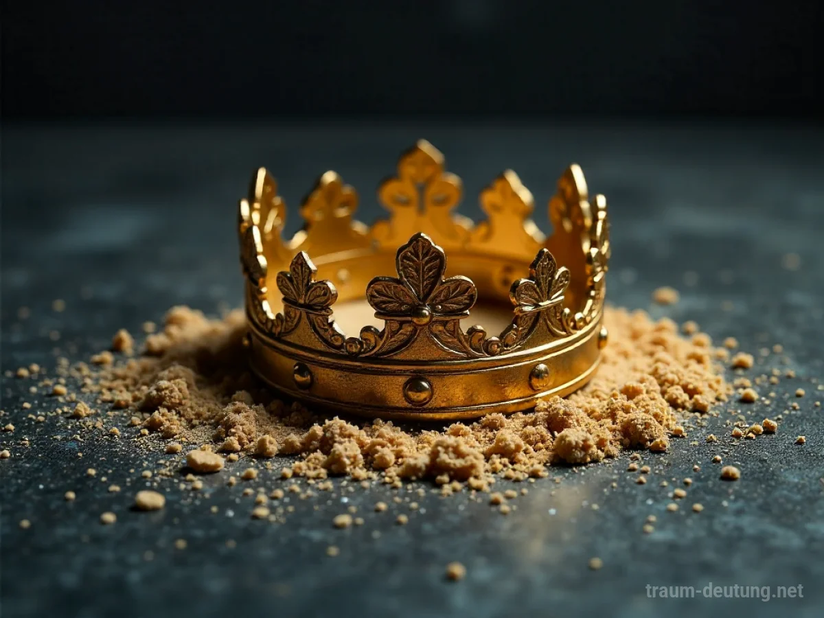 Goldene Krone zerfällt zu Staub auf dunklem Untergrund