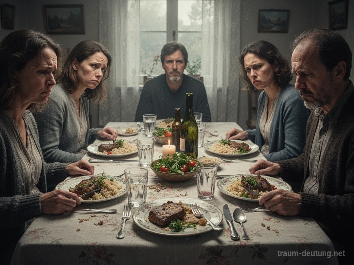 Ein gedeckter Tisch mit unansehnlichem Essen und unzufriedenen Personen.