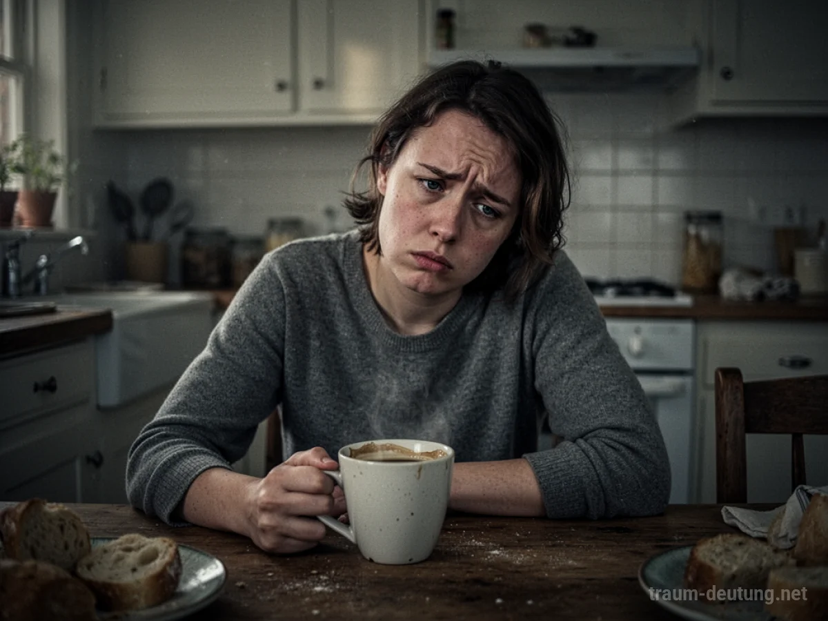Eine Person sitzt müde am Küchentisch mit einer leeren Kaffeetasse.