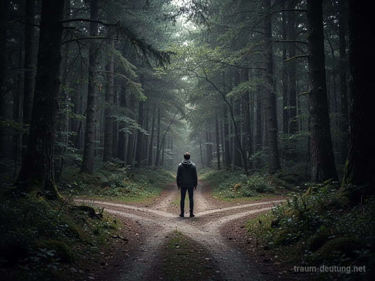 Person steht verloren auf einem dunklen Waldweg ohne erkennbare Richtung