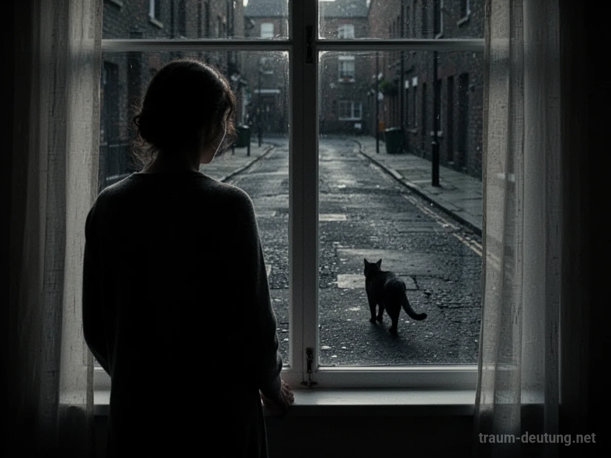 Silhouette einer Person, die eine weggehende Katze im Dunkeln beobachtet.