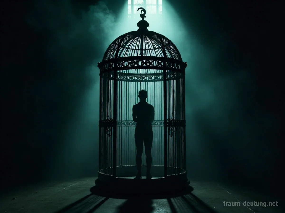 Silhouette einer Person in einem Käfig, die versucht, die Tür zu öffnen.