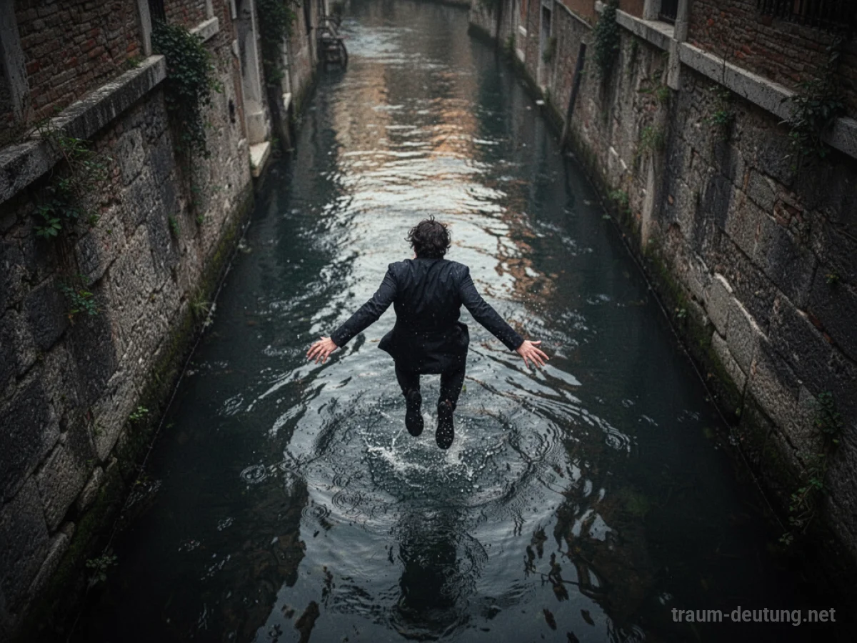 Eine Person wird von hinten in einen dunklen Kanal gestoßen und fällt hinein.