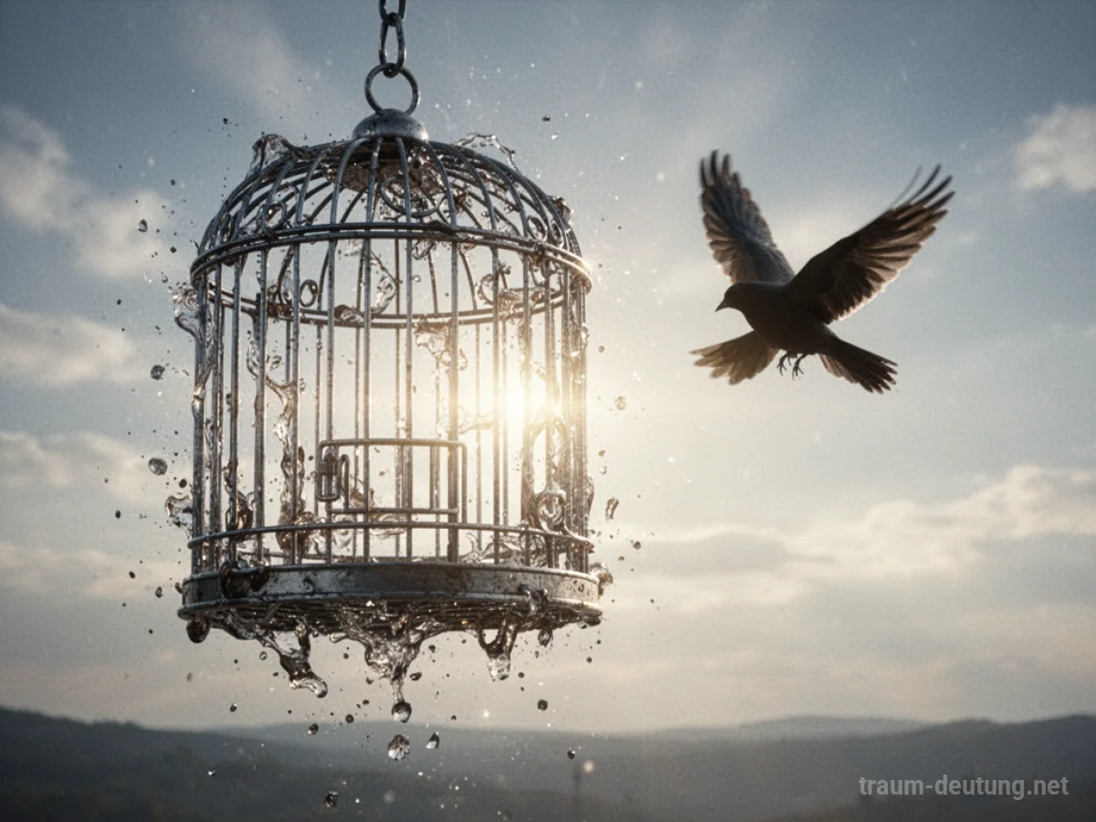 Ein sich auflösender Käfig, aus dem ein Vogel in den Himmel fliegt.