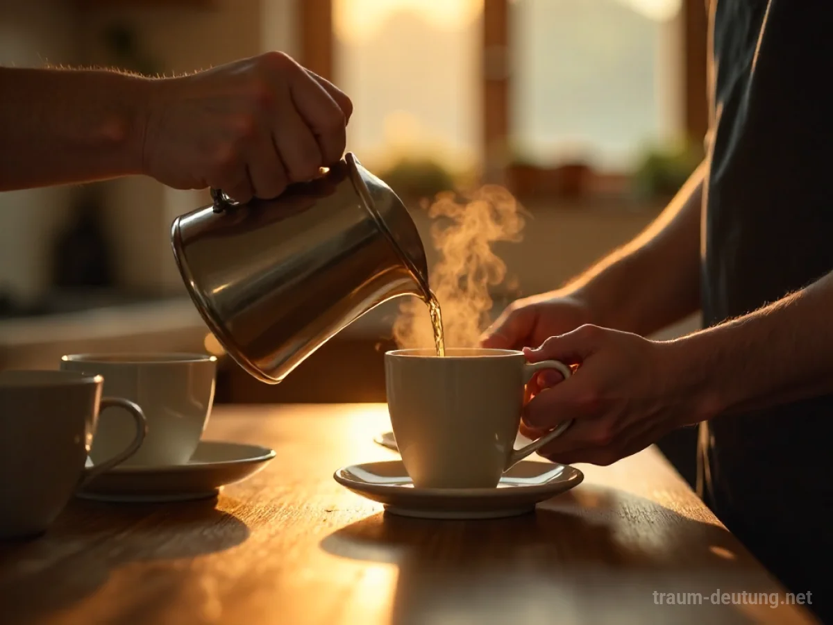 Hände gießen Kaffee in Tassen in einer gemütlichen Küche.