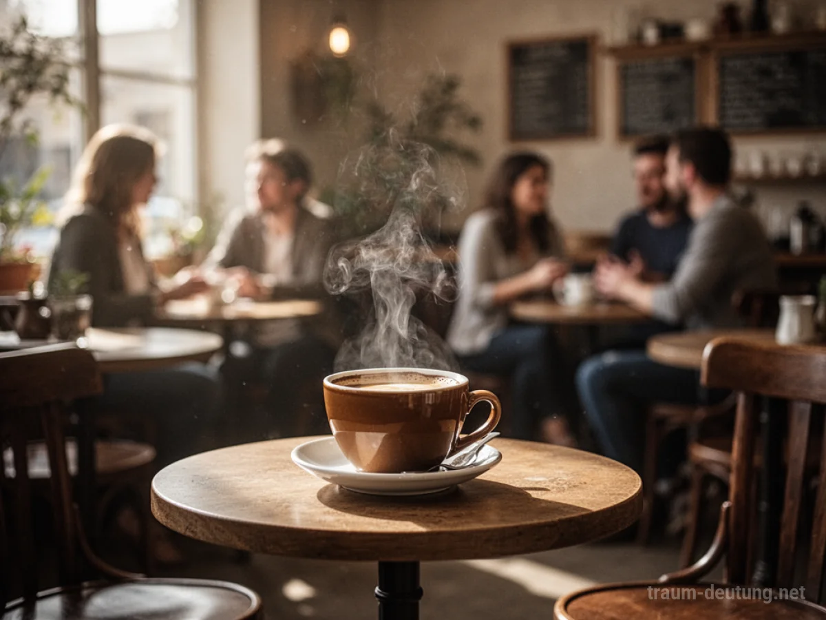 Eine dampfende Tasse Kaffee auf einem Tisch in einem hellen Café.